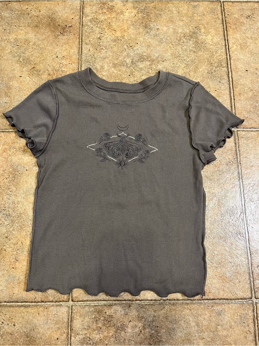 Arizona Grey Ribbed Short-Sleeve Crop Top with Embroidered Moth Motif